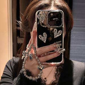 애플 폰 아이폰 시리즈를 위한 삼차원 사랑 거울 개성적인 수리 거울 올인원 보호 소매 전화 케이스 전기 도금된 사랑 나비 구슬 팔찌 랜야드 손목끈