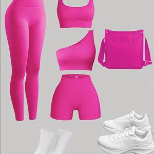 여성용 운동 세트 4개, 하이웨스트 레깅스, 스포츠 브라, 원숄더 크롭 탑, 바이크 반바지, 신축성 있는 요가 및 운동복