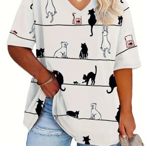 여성들을 위한 플러스 사이즈 카툰 고양이 프린트 티셔츠, 캐주얼한 V넥 반팔 티셔츠, 플러스 사이즈 의류