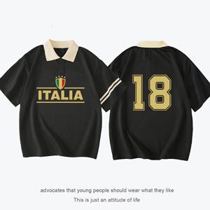 이탈리아 No.18 캐주얼 패션 폴로 셔츠, 다재다능한 스타일, 콘트라스트 칼라, 유스 애티튜드 프린트, 컴포트 핏