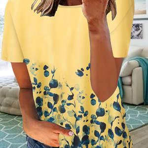 플러스 사이즈 캐주얼 탑, 여성용 플러스 플로럴 프린트 반소매 라운드 넥 약간의 신축성 있는 티셔츠