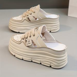 여성용 통기성 플랫폼 뮬 스니커즈, 캐주얼 컷아웃 디자인 레이스 업 슈즈, 편안한 여름 신발