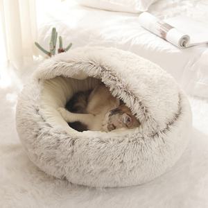 고양이 침대 플러시 후드 고양이 동굴 침대 반 동봉 된 고양이 쓰레기 라운드 애완 동물 잠자는 쿠션 침대