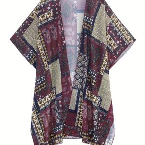 보헤미안 스타일 여성용 오픈 프론트 기모노 가디건, 패치워크 디자인의 캐주얼하고 우아한 휴가용 겉옷, 가벼운 비치 커버업