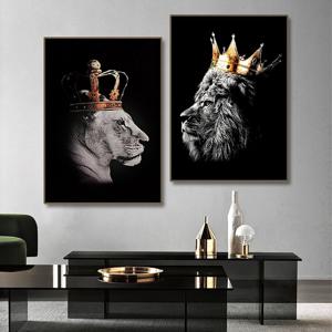 2pcs 사자 커플 벽 데칼, 검은 사자 & 암 사자 크라운 캔버스 회화 포스터 벽 예술 장식, 홈 침실 거실 장식