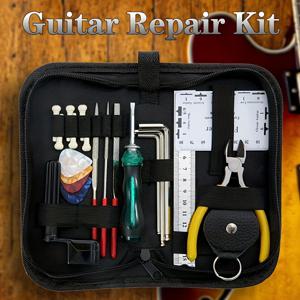 완전한 기타 수리 키트 - 현 교환 도구, 튜닝 렌치, 파일, 자 및 액세서리 가방 포함 - 음악가 및 기타 매니아를 위한 완벽한 선물