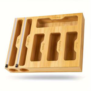플라스틱 랩, 주석 호일 및 비닐 봉투용 대나무 보관 상자 1개, 커팅 스트립이 있는 6-in-1 보관 상자, 커터가 있는 6개의 그리드 랩 디스펜서, 가정용 주방 액세서리