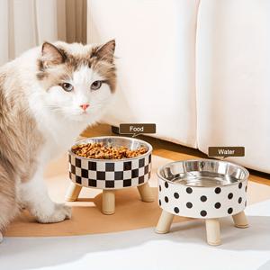 높은 고양이 먹이 그릇, 질식 방지 고양이 먹이 및 나무 스탠드가 있는 물 그릇, 중소형 개를 위한 애완동물 먹이 및 음료 용품