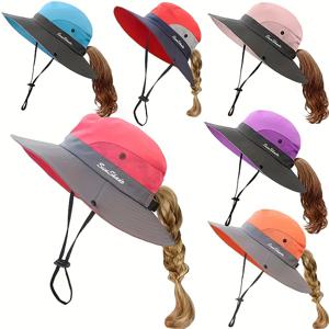 여성용 UV 차단 와이드 브림 선모자, 망사 포니테일 홀이 있는 접을 수 있는 여행 야외 낚시 모자