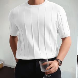 남성용 솔리드 컬러 스트라이프 패턴 니트 티셔츠, 크루 넥과 짧은 소매, 캐주얼하고 세련된 남성용 상의