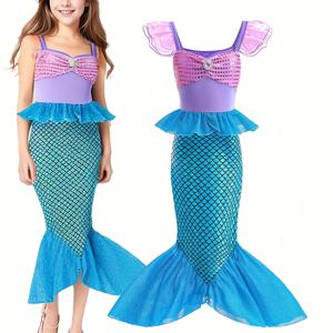 여자 아이들의 인어 공주 드레스, 반팔 툴 스커트, 여름 파티 의상, 반짝이는 물고기 비늘 프린트, 파란색과 보라색