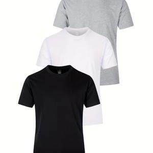 3pcs 멀티 컬러 남성용 솔리드 코튼 캐주얼 반소매 티셔츠 세트, 여름용 기본 크루넥 티셔츠