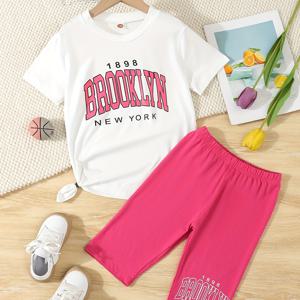 브루클린 소녀 세트 반팔 글자 티셔츠 탑 + 바이커 쇼츠 휴일 레저 여름 의상