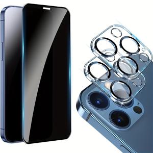 아이폰 15, 14, 13, 12, 11 Pro Max용 4개 조각의 3D 터치 프라이버시 강화유리 스크린 프로텍터 + 2개 조각의 유리 카메라 렌즈 케이스