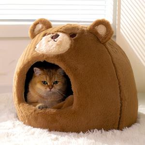 실내 고양이를 위한 1개 브라운 베어 모양의 고양이 침대, 두꺼운 애완 동물 침대 휴대용 고양이 집