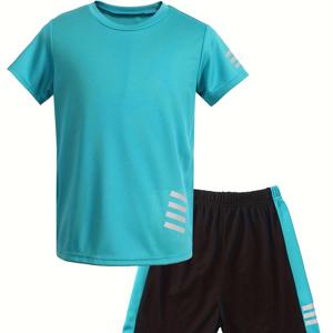 여름용으로 적합한 소년용 통기성 있는 스포츠 저지 세트, 캐주얼한 빠르게 건조되는 반팔 티셔츠와 반바지, 소년들을 위한 농구 축구 의류