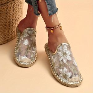 여성용 꽃무늬 플랫 뮬, 통기성 있는 메시 슬립온 신발, 가벼우면서 편안한 신발