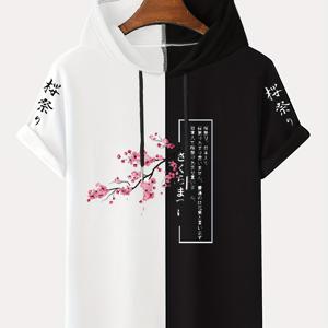 꽃과 일본어 문자 인쇄 남성 캐주얼 컬러 블록 짧은 소매 후드 티셔츠 여름 야외용 Drawstring 포함