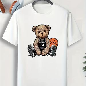 남성 농구 곰 카툰 프린트 라운드 넥 반팔 티셔츠, 캐주얼 패션 그래픽 티 루프웨어 파자마 상의, 여름용