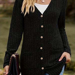 플러스 사이즈 캐주얼 가디건, 포켓이 있는 여성용 플러스 늑골이 있는 니트 긴 소매 버튼 업 스웨터 가디건