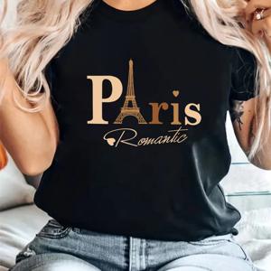 프린트가 있는 여성 캐주얼 티셔츠, 라운드 넥, 반팔, 패셔너블한 파리 로맨틱 스타일 탑