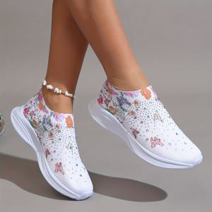 여성용 라인스톤 장식 스니커즈, 꽃과 나비 프린트 슬립온 신발, 통기성 있는 니트 런닝화