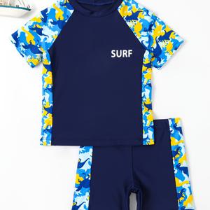 2개의 소년용 유행하는 수영복, 빠르게 건조되는 크루넥 수영 상의와 수영 반바지 세트, 아이들 옷 여름