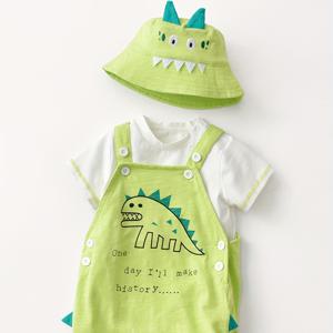 2pcs 아기 공룡 테마 오버롤 세트, 티셔츠 & 모자 & 비브 바지, 아기 남아의 의류, 선물로