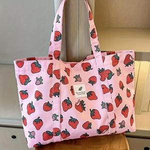 딸기 프린트 토트백, 큰 용량의 어깨 가방, 여성용 달콤한 핸드백 & 쇼핑백