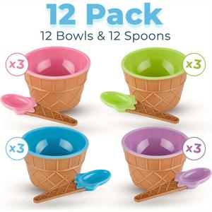 12개의 사탕 색상 크리에이티브 아이스크림 모양의 플라스틱 그릇, 디저트 아이스크림 그릇, 이중 단열 방지 그릇 스푼 세트