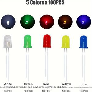 500개 F5 5mm LED 발광 다이오드 박스형 발광 튜브 색상별 100개, 5가지 색상