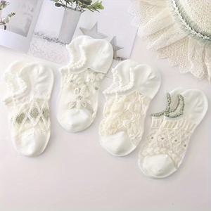 여성용 8팩 양말, 꽃무늬로 구멍이 뚫린 통기성 있는 발목 양말, 흰색 보이지 않는 보트용 메시 얇은 양말, 캐주얼한 여름 신발