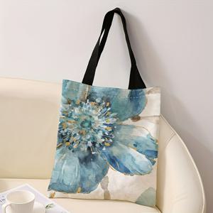 파란색 꽃 무늬 인쇄 캐주얼 토트 백, 가벼운 식료품 쇼핑 백, 학교, 여행을 위한 캐주얼 캔버스 어깨 가방