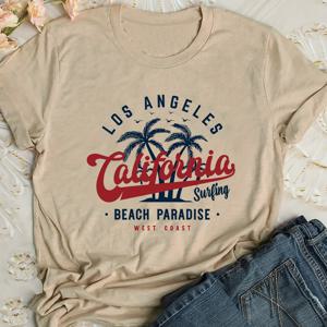 여성 캐주얼 반소매 라운드 넥 티셔츠, 빈티지 야자수와 레터링 프린트, 로스앤젤레스 캘리포니아 서핑 비치 파라다이스 디자인, 봄과 여름에 딱 맞습니다.