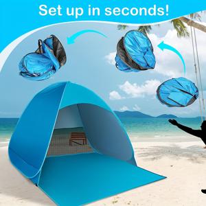 해변에서 사용할 수 있는 휴대용 팝업 비치 텐트! 햇빛으로부터 보호해주는 UPF 50+ 자외선 차단 기능이 있습니다. 6개의 고정 그라운드 스테이크가 포함되어 있어요. 크리스마스, 할로윈, 추수감사절 선물로 완벽합니다.