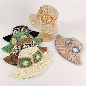 여성용 화려한 여름 햇살 모자, 멋진 손으로 짠 밀짚 모자, 사각형 꽃 손뜨개 디테일, 캐주얼 비치 선 셰이드 모자