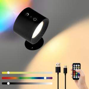 1pc LED 벽등, 9가지 색상 조절 가능한 어두운 벽걸이 조명, 충전식 배터리 작동 USB, 360° 회전 자석 공, 터치 리모컨, 무선 벽등, 독서 침대 옆 등에 적합합니다