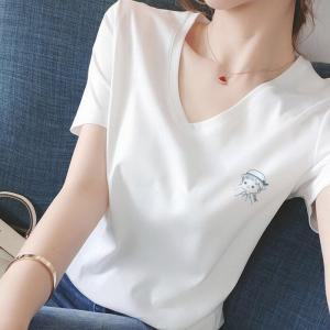 라인댄스복상의 라인댄스복 흰색 순수한면 V-neck 숏 소매 티셔츠 여성 봄 여름 틈새 디자인 감각 클래식