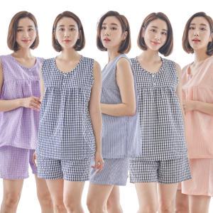도씨 여성 여름 체크 엠보 민소매 상하잠옷/파자마세트
