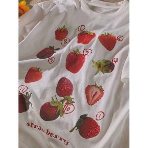 241861 딸기 프린트 크루넥 티셔츠, 봄  여름용 캐주얼 반소매 여성 의류