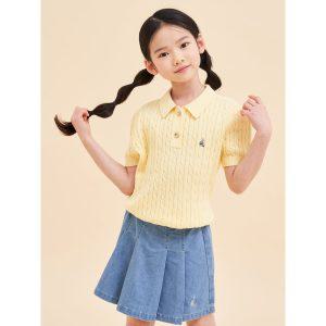 [BEANPOLE KIDS] [Essestial] 여아 면 케이블 T칼라 반소매 니트 스웨터  옐로우 (BI4251GE1E)