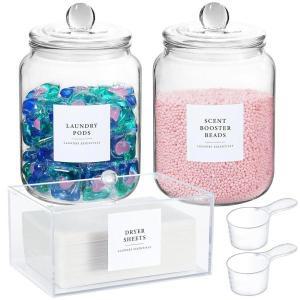 Glass Jars and Dryer Sheet Holder Dispenser Set with Lids Labels Containers for Laundry Room Organiz