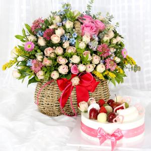 당일 꽃배달 꽃바구니 + 케익 전국배달 생일 꽃 A1856