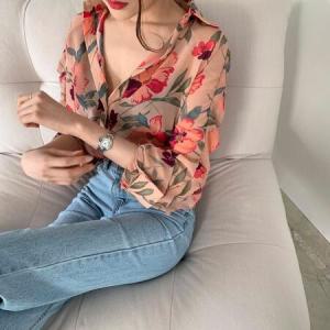 여성 카라 화려한 블라우스 꽃 무늬 브이넥 쉬폰 셔츠_MC