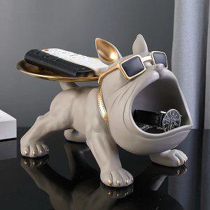 하드 케이스 트레이가 있는 멋진 강아지 동상 큰 입 프렌치 불독 조각 수지 장식품 동물 인형 가정 장식 선