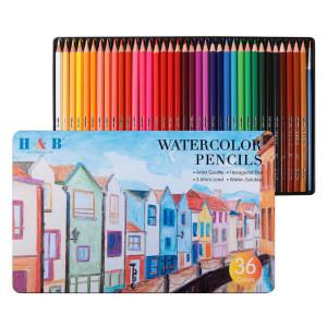 HB문화사 수채화 수성 색연필 36색 세트 수채화브러쉬 디자인 미술 드로잉 틴케이스 전문가용 선물