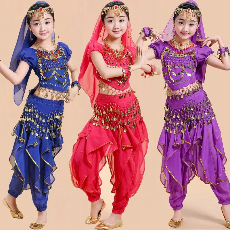 어린이 밸리 댄스 의상 세트, 동양 댄스 소녀 밸리 댄스, 인도 밸리 댄스 의류, 성인 어린이, 인도 4 색