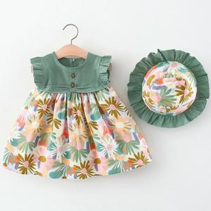 여아용 여름 유아 드레스 2 피스 세트, 한국 패션 꽃 민소매 비치 공주 원피스 및 모자 아기 옷, BC140