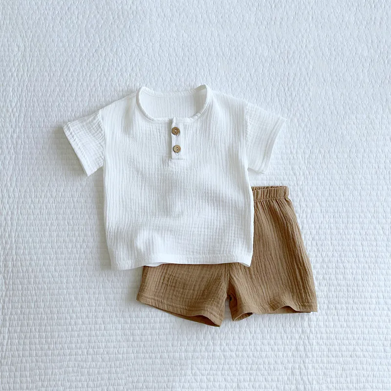 모슬린 코튼 아기 소년 의류 세트, 여름 아동복, 반팔 상의, 티셔츠 및 반바지