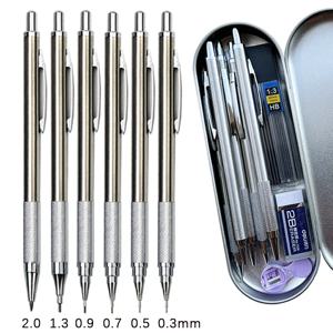 금속 기계식 연필 펜 상자 리드 지우개 연필 깎이 세트 6 개, 0.3 0.5 0.7 0.9 1.3 2.0mm 아트 스케치 자동 연필